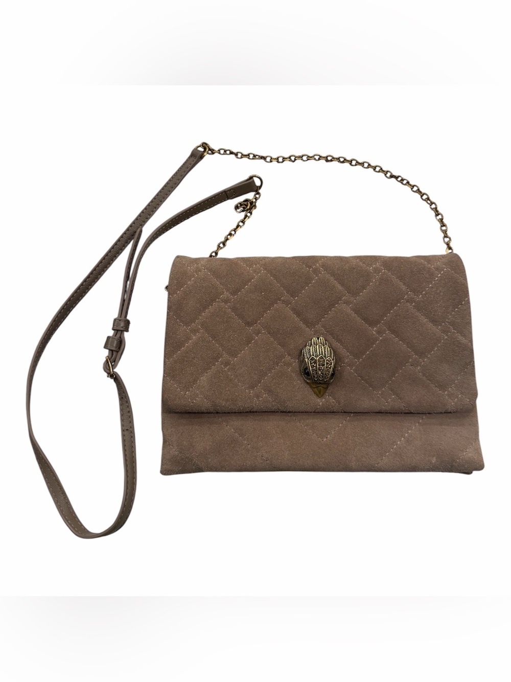 Kurt Geiger Quilted Taupe Suede Crossbody with Chain Strap